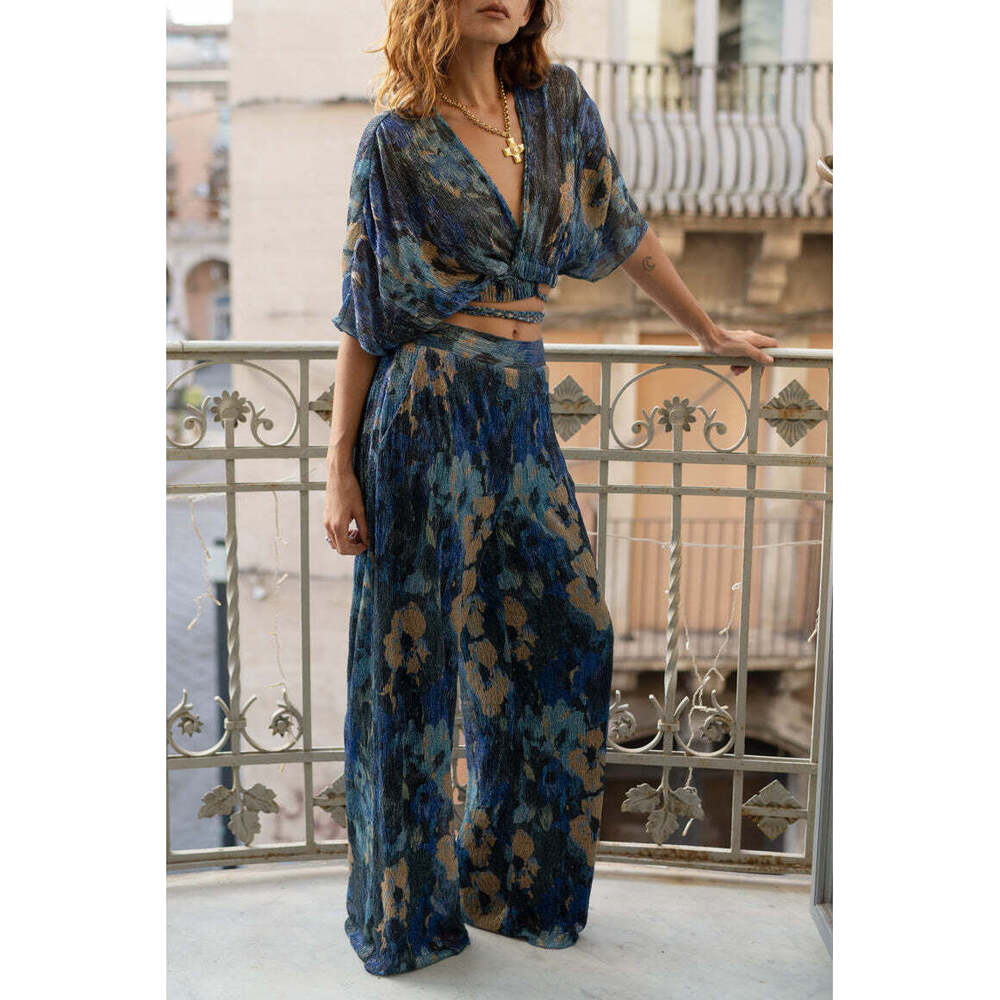 12th Tribe Kaia Blue Multicolor Metallic Floral Pant Size MM